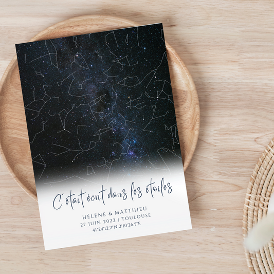 Affiche carte des étoiles personnalisée bleue - cadeau constellation pour couple