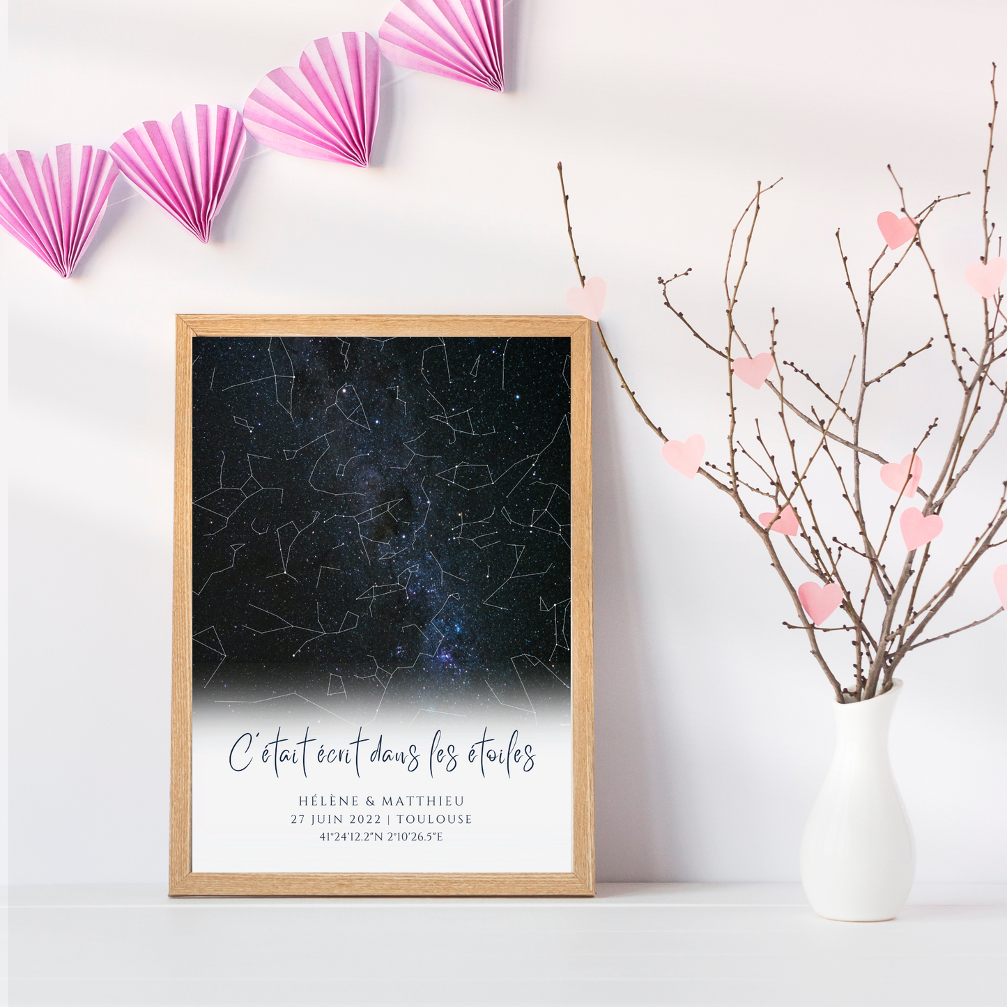 Affiche carte des étoiles personnalisée bleue - cadeau constellation pour couple