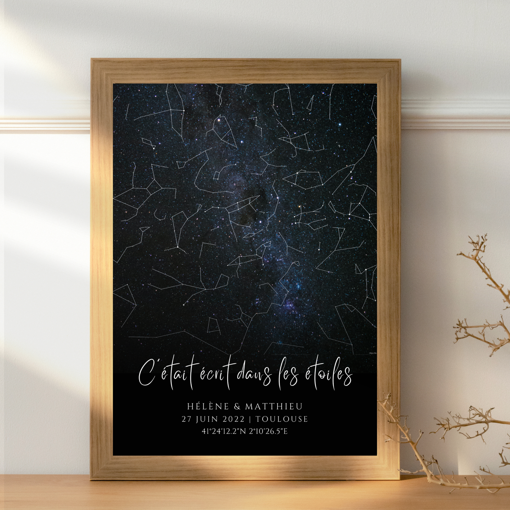 Affiche carte du ciel personnalisée fond noir étoiles blanches