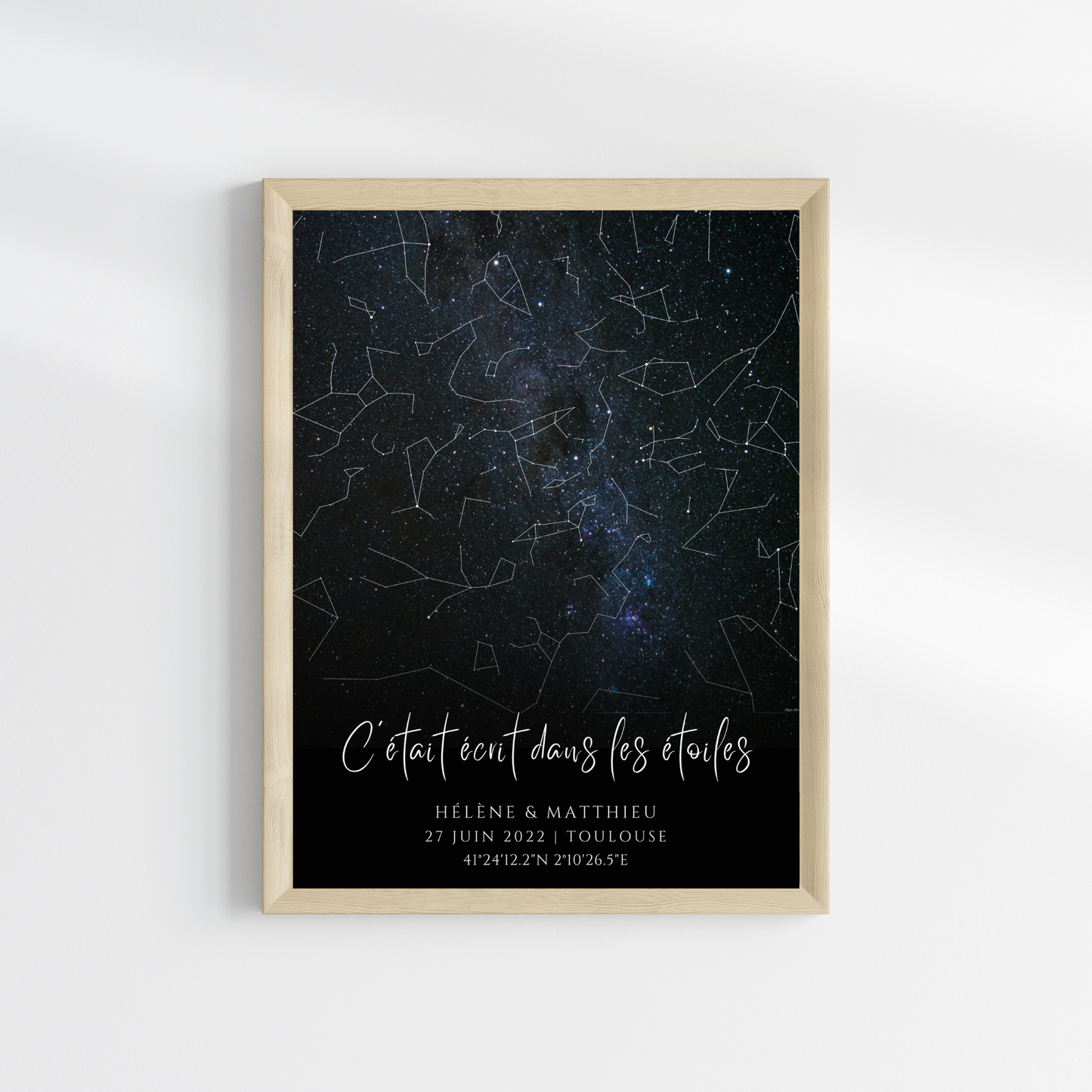 Affiche carte des étoiles personnalisée bleue - cadeau constellation pour couple - Cadeau rencontre - décoration personnalisée