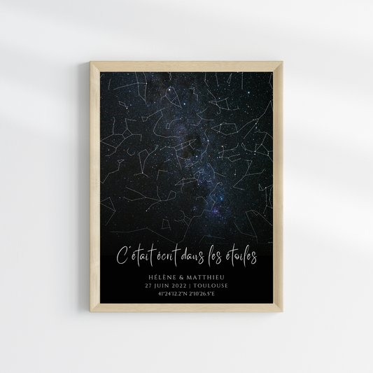 Affiche carte des étoiles personnalisée bleue - cadeau constellation pour couple - Cadeau rencontre - décoration personnalisée