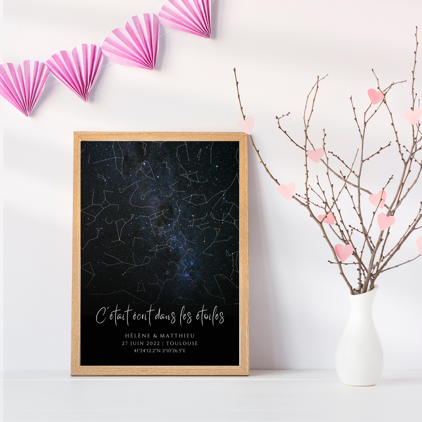 Affiche carte des étoiles personnalisée bleue - cadeau constellation pour couple - Cadeau rencontre - décoration personnalisée