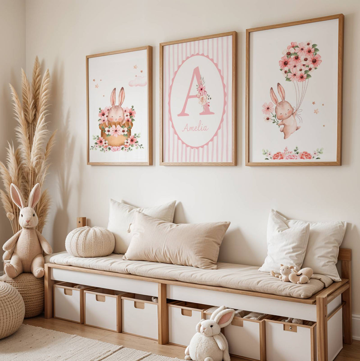 Lot 3 Affiches Chambre Fille Lapin Rose Monogramme Floral – Galerie Murale Personnalisée Prénom Cadeau Naissance Baptême - Image 1
