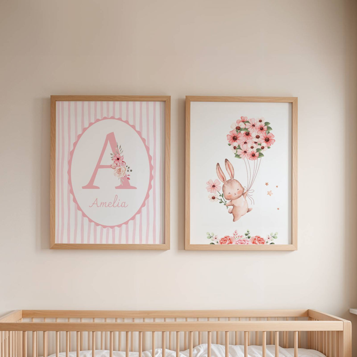 Lot 3 Affiches Chambre Fille Lapin Rose Monogramme Floral – Galerie Murale Personnalisée Prénom Cadeau Naissance Baptême - Image 2