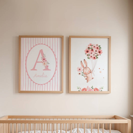 Lot 3 Affiches Chambre Fille Lapin Rose Monogramme Floral – Galerie Murale Personnalisée Prénom Cadeau Naissance Baptême - Image 2