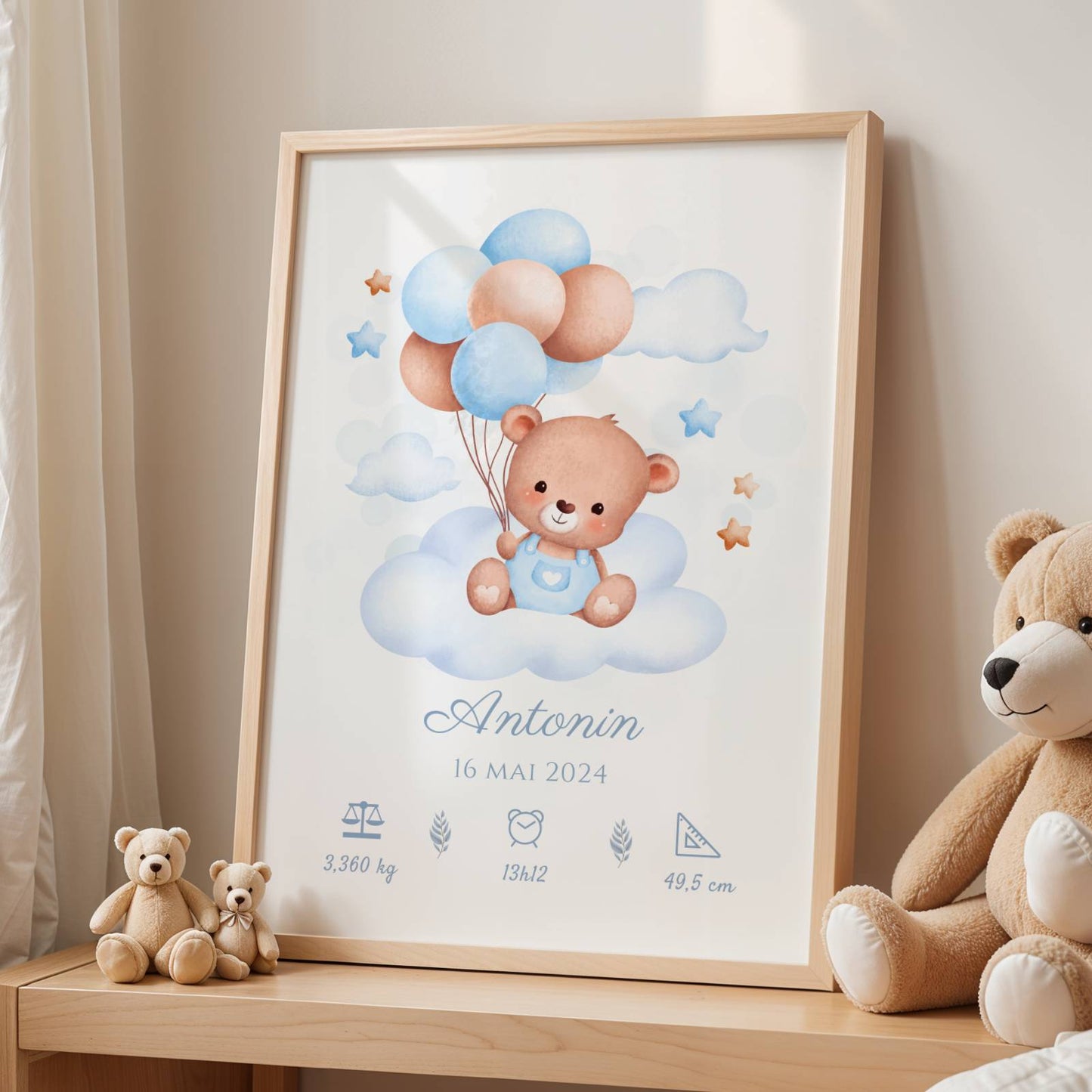 affiche naissance personnalisée ours garçon bleu ballons décoration chambre bébé
