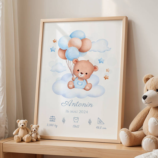 Affiche de naissance ours et ballons garçon- Décoration chambre bébé personnalisé bleu