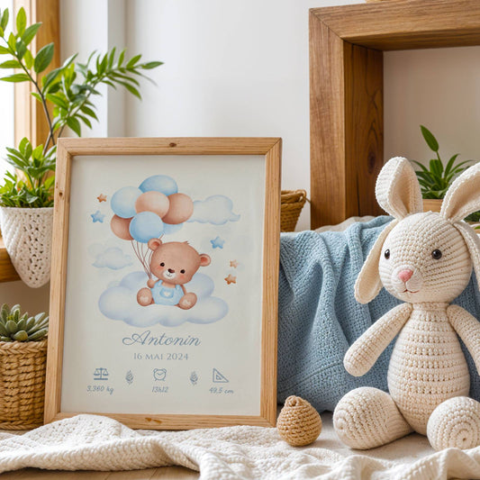 Affiche de naissance ours et ballons garçon- Décoration chambre bébé personnalisé bleu