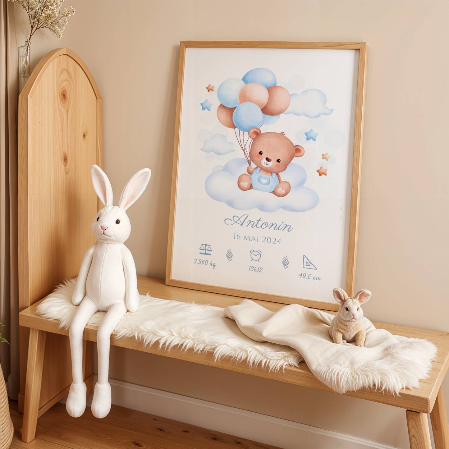 Affiche de naissance ours et ballons garçon- Décoration chambre bébé personnalisé bleu