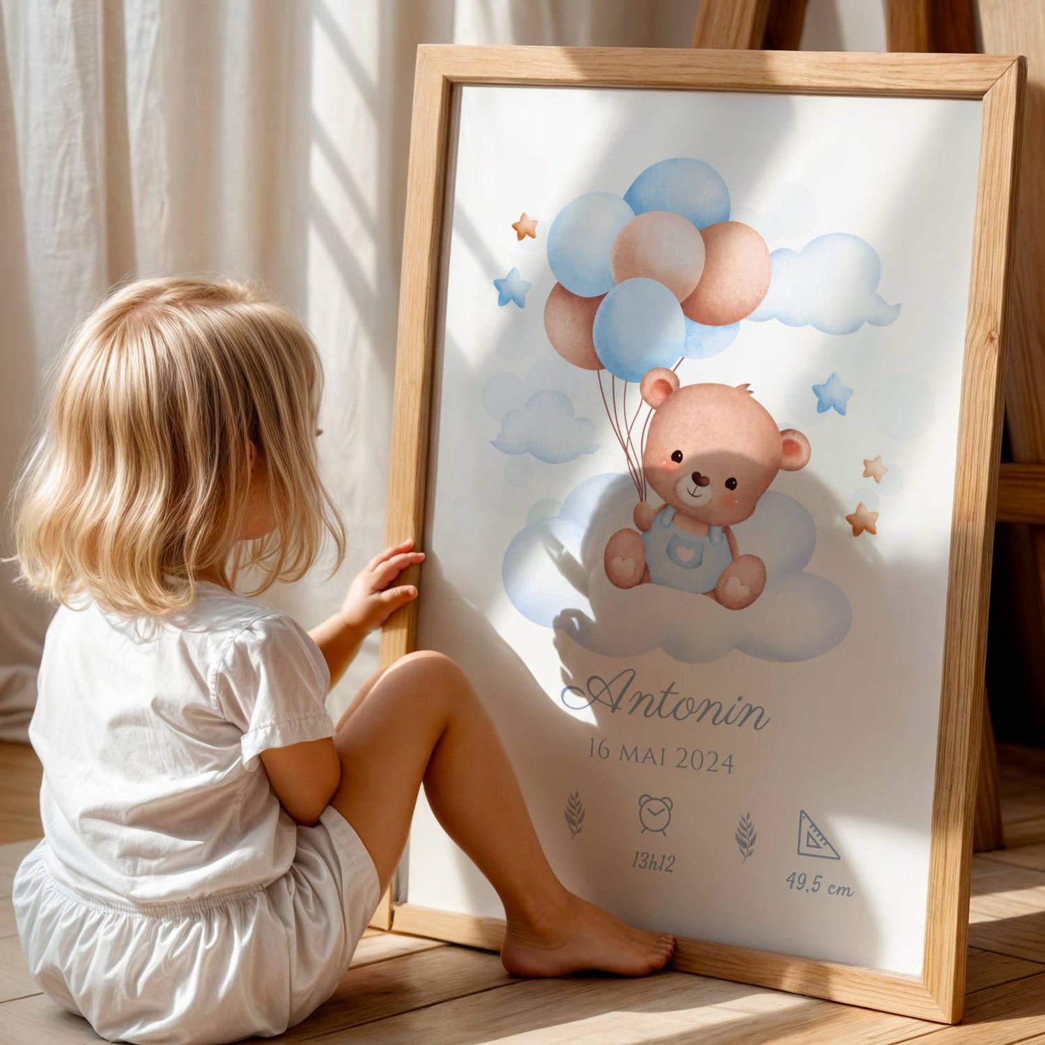 Affiche de naissance ours et ballons garçon- Décoration chambre bébé personnalisé bleu
