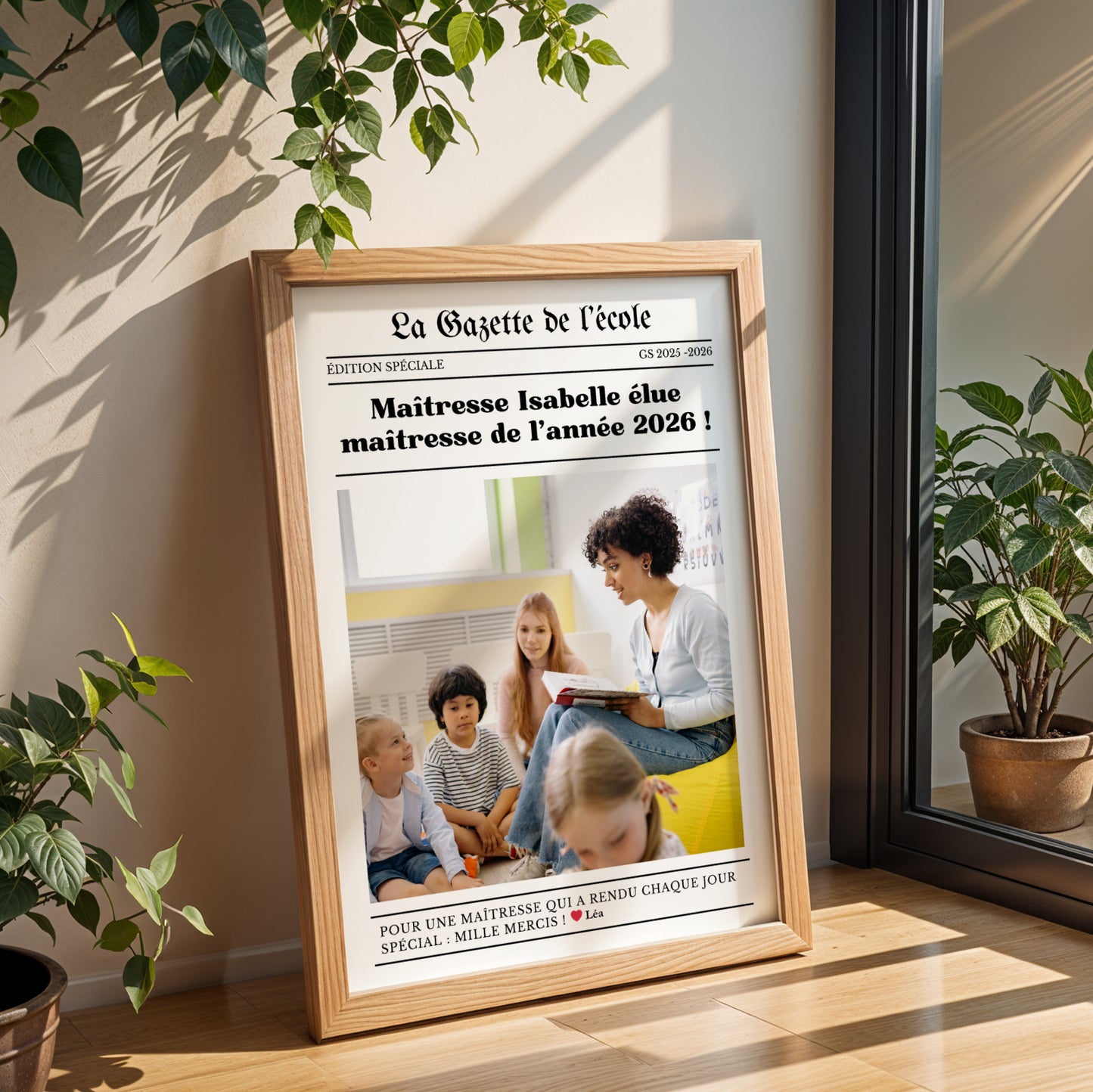 Affiche gazette personnalisée pour maîtresse avec photo, texte personnalisé et design style journal moderne. Cadeau original de fin d’année scolaire pour enseignante, directrice ou ATSEM. Poster personnalisé élégant et émotionnel à offrir pour remercier une maîtresse, décorer une salle de classe ou garder un souvenir unique de l’année scolaire. Création artisanale idéale comme cadeau école personnalisé pour maternelle et primaire.