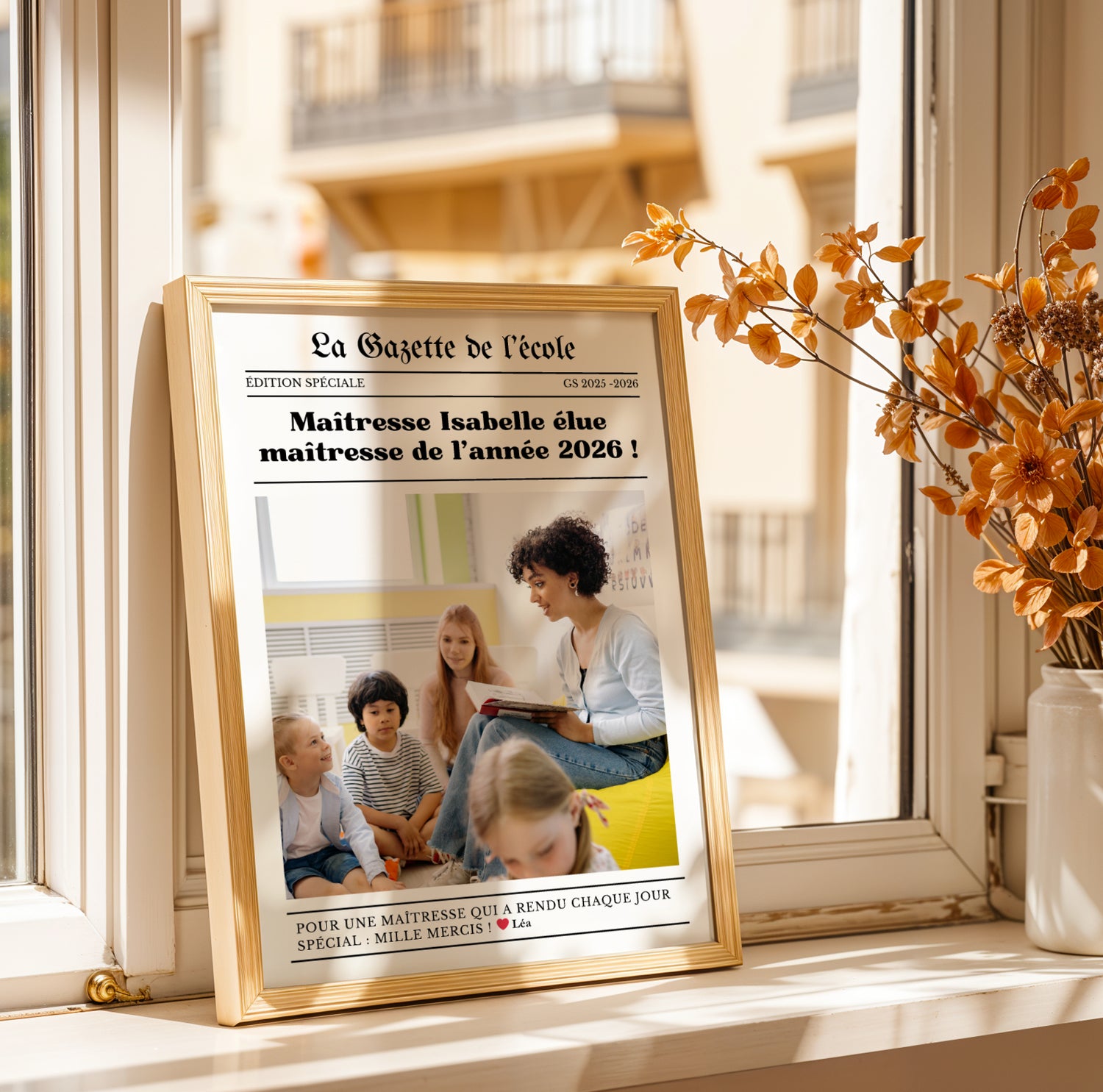 Affiche gazette personnalisée pour maîtresse avec photo, texte personnalisé et design style journal moderne. Cadeau original de fin d’année scolaire pour enseignante, directrice ou ATSEM. Poster personnalisé élégant et émotionnel à offrir pour remercier une maîtresse, décorer une salle de classe ou garder un souvenir unique de l’année scolaire. Création artisanale idéale comme cadeau école personnalisé pour maternelle et primaire.