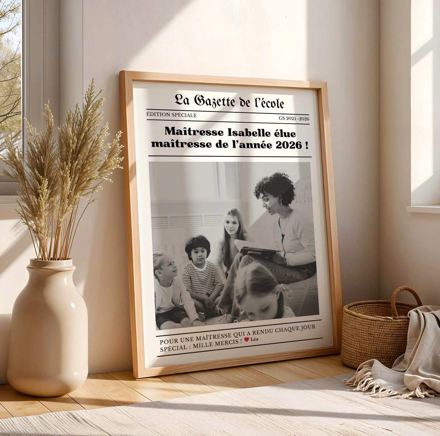Affiche gazette personnalisée pour maîtresse avec photo, texte personnalisé et design style journal moderne. Cadeau original de fin d’année scolaire pour enseignante, directrice ou ATSEM. Poster personnalisé élégant et émotionnel à offrir pour remercier une maîtresse, décorer une salle de classe ou garder un souvenir unique de l’année scolaire. Création artisanale idéale comme cadeau école personnalisé pour maternelle et primaire.