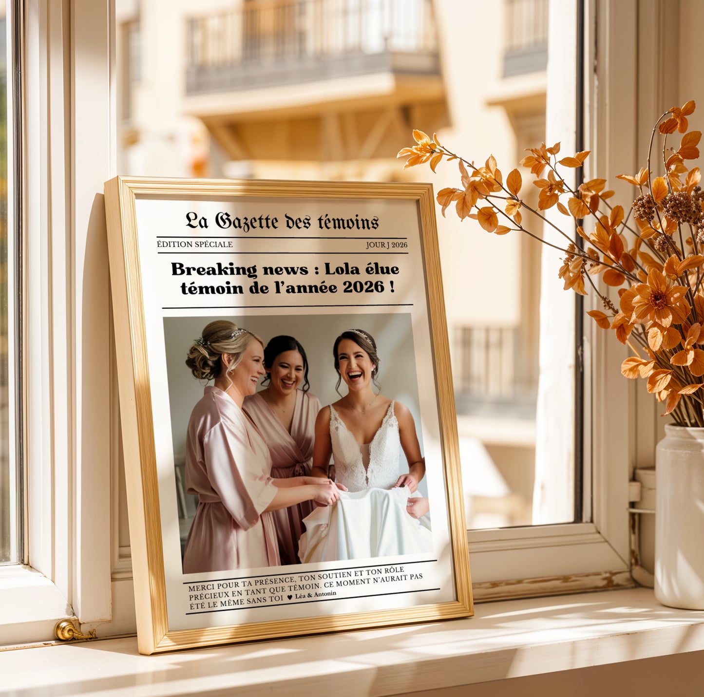 affiche gazette témoin personnalisée avec photo et texte, cadeau témoin mariage original, affiche journal mariage personnalisée, idée cadeau témoin remerciement, affiche souvenir mariage personnalisé, gazette mariage personnalisée Le Temps des Paillettes, affiche témoin photo et date, cadeau mariage témoin unique