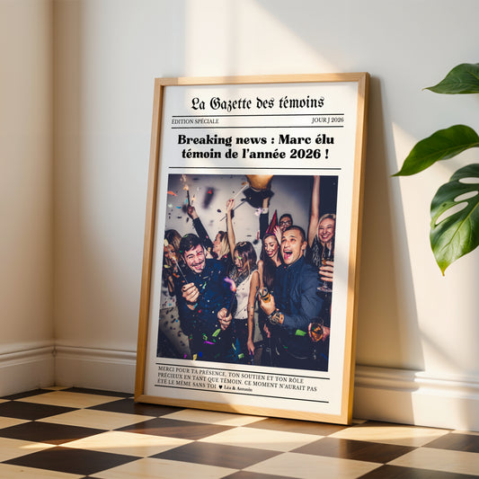 affiche gazette témoin personnalisée avec photo et texte, cadeau témoin mariage original, affiche journal mariage personnalisée, idée cadeau témoin remerciement, affiche souvenir mariage personnalisé, gazette mariage personnalisée Le Temps des Paillettes, affiche témoin photo et date, cadeau mariage témoin unique