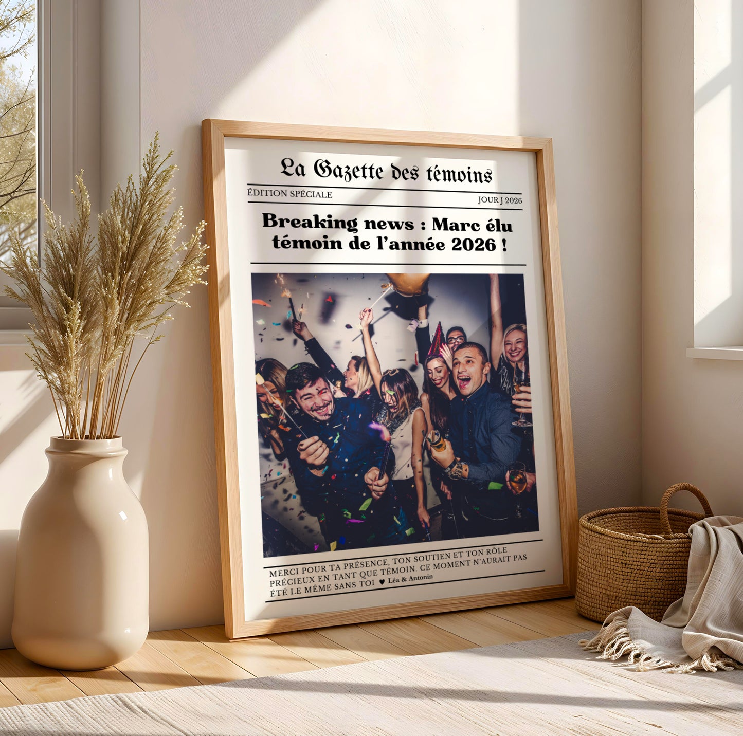 affiche gazette témoin personnalisée avec photo et texte, cadeau témoin mariage original, affiche journal mariage personnalisée, idée cadeau témoin remerciement, affiche souvenir mariage personnalisé, gazette mariage personnalisée Le Temps des Paillettes, affiche témoin photo et date, cadeau mariage témoin unique