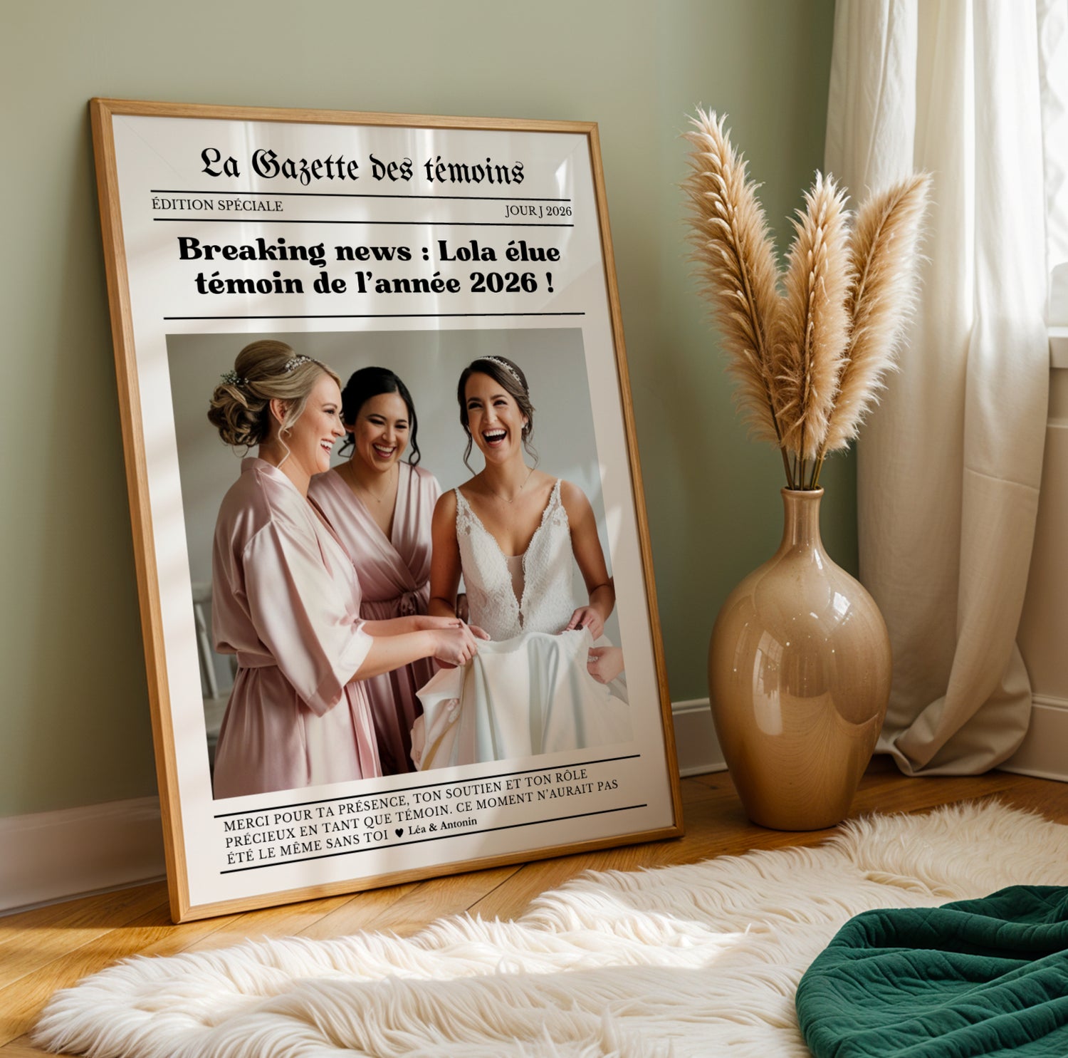 affiche gazette témoin personnalisée avec photo et texte, cadeau témoin mariage original, affiche journal mariage personnalisée, idée cadeau témoin remerciement, affiche souvenir mariage personnalisé, gazette mariage personnalisée Le Temps des Paillettes, affiche témoin photo et date, cadeau mariage témoin unique