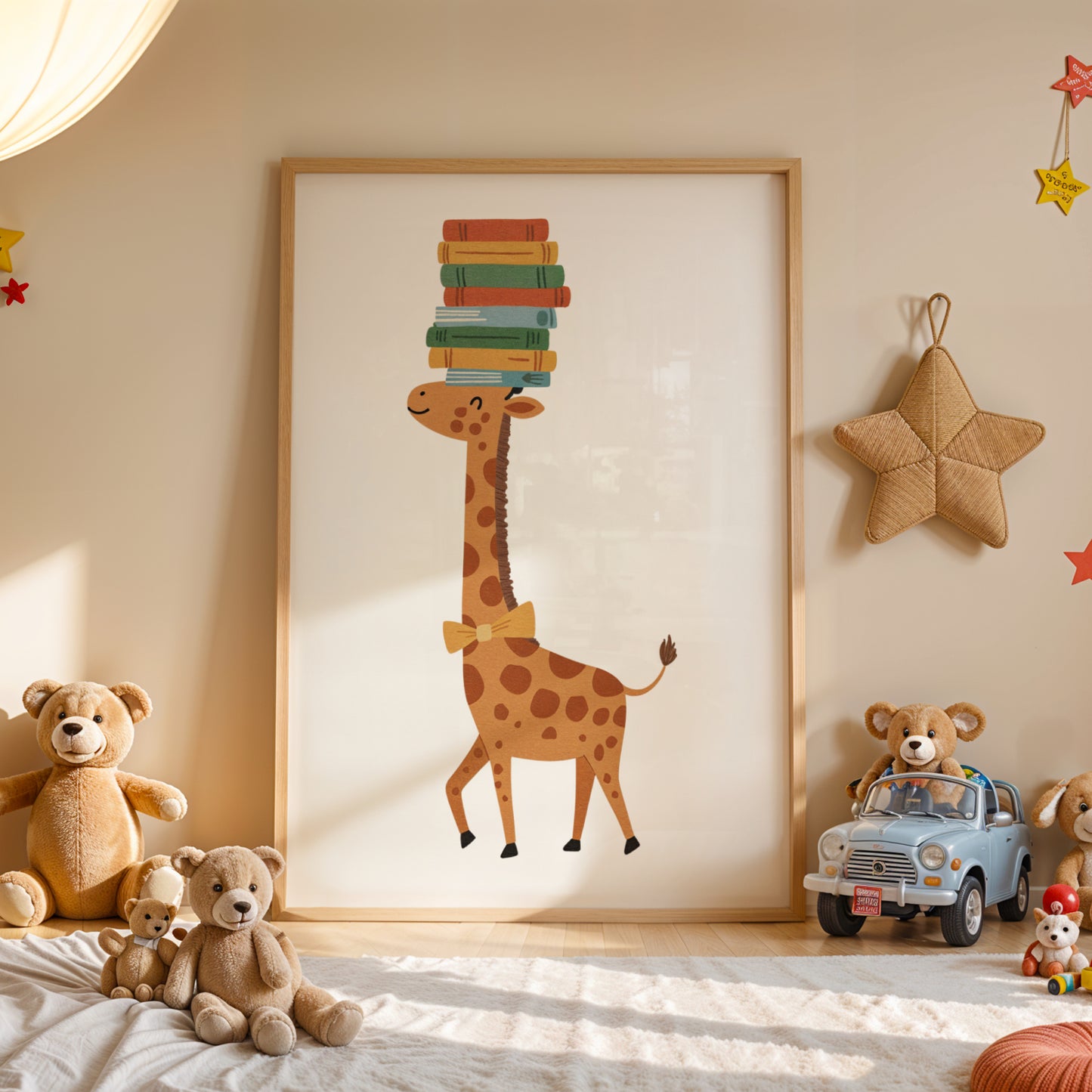 Affiche girafe avec livres pour chambre d'enfant, décoration coin lecture Montessori, illustration animale douce pour nursery.