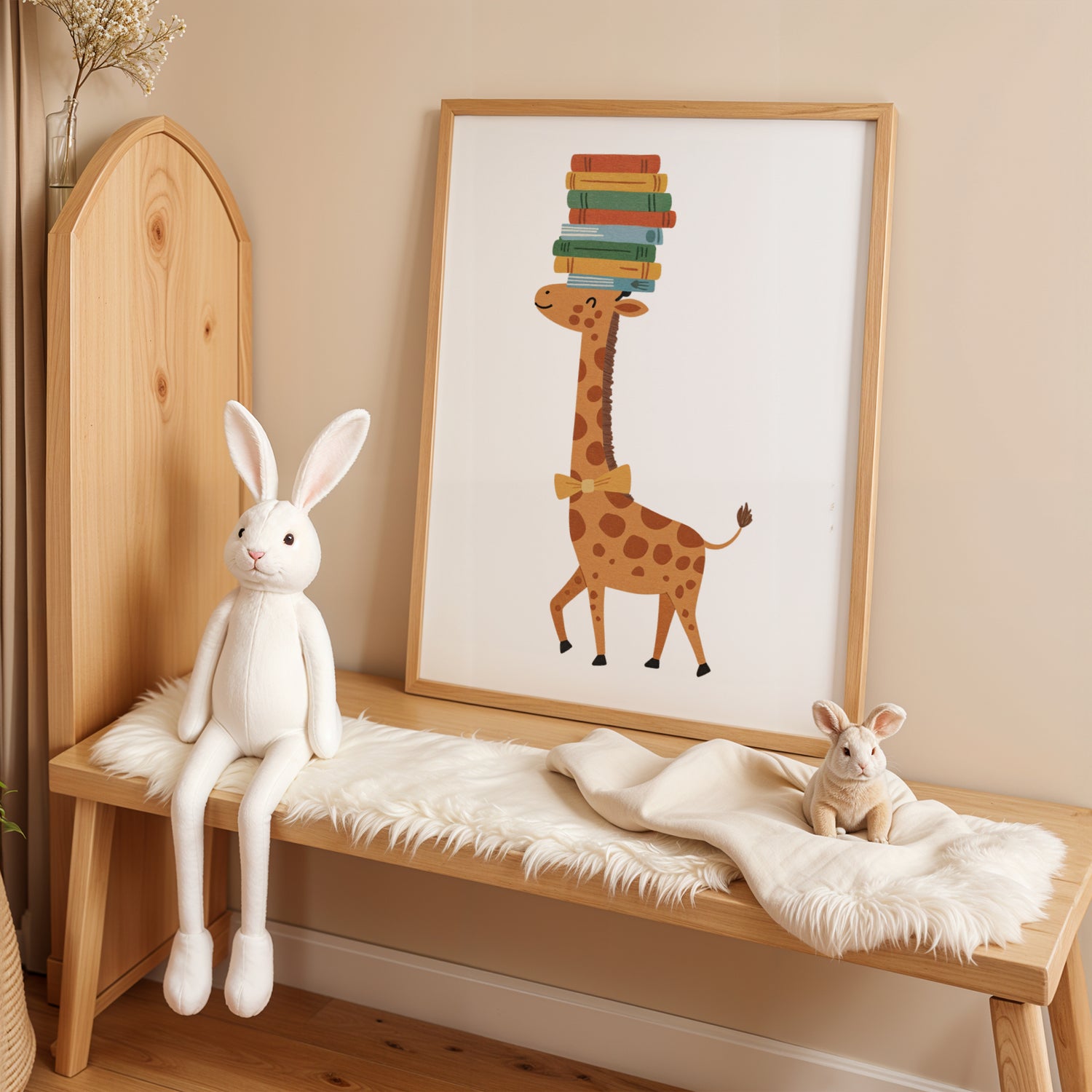 Affiche girafe enfant, poster chambre bébé avec livres, décoration murale animale, coin lecture et nursery.