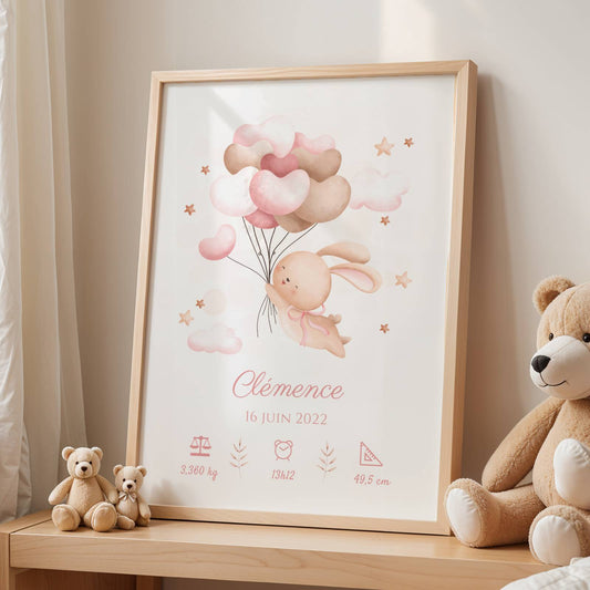 Affiche de naissance lapin - Décoration chambre bébé personnalisé
