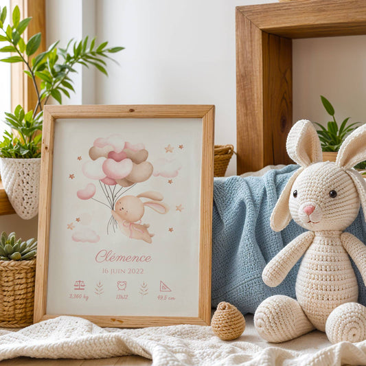 poster naissance lapin floral personnalisé prénom bébé fille chambre douce