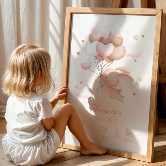 affiche bébé lapin rose aquarelle personnalisée décoration murale chambre fille