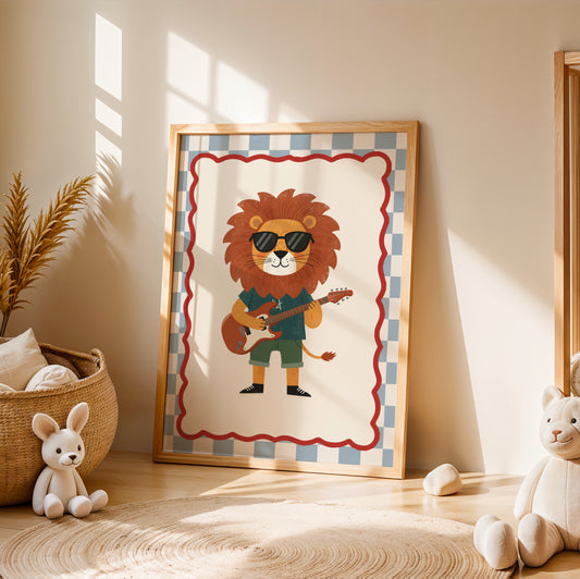 Affiche Lion Guitare Bleu – Poster Coloré Animaux Musiciens Chambre Enfant Dopamine Decor Cadeau Naissance