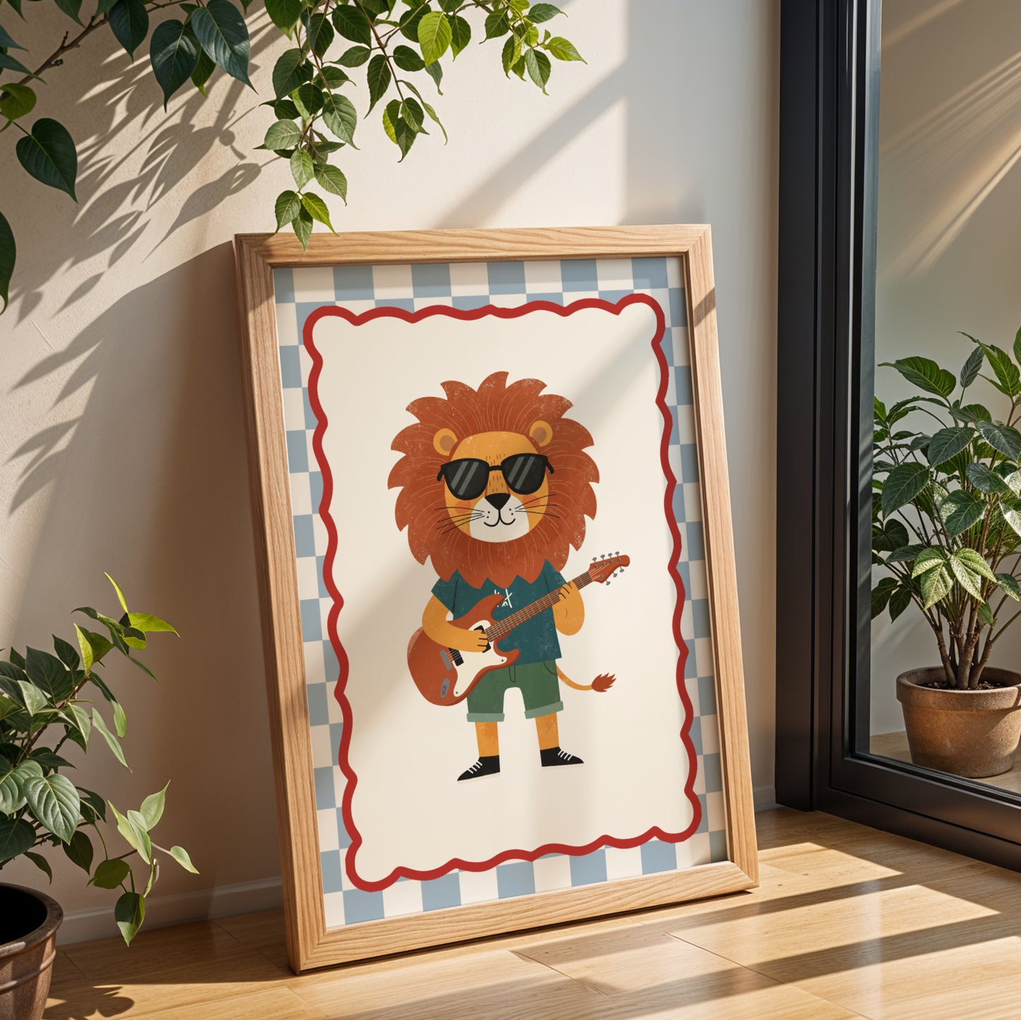 Affiche enfant Lion qui joue de la Guitare, Poster Imprimable Animaux, Décoration Chambre Garçon, Salle de Jeux, Cadeau Musique et Fun