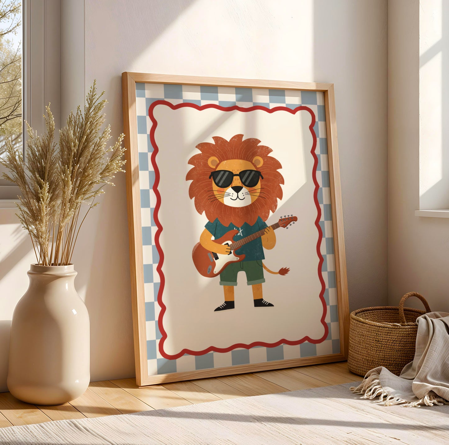 Affiche enfant Lion qui joue de la Guitare, Poster Imprimable Animaux, Décoration Chambre Garçon, Salle de Jeux, Cadeau Musique et Fun