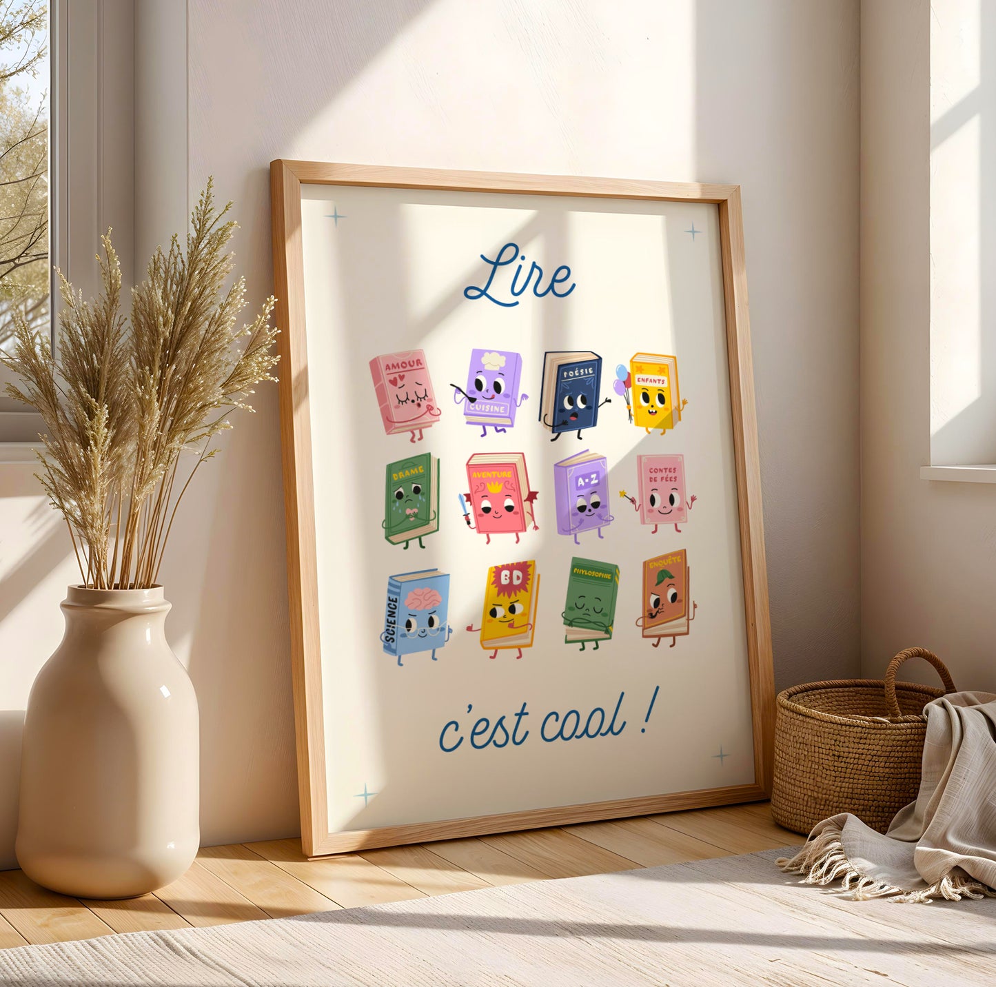 Poster pédagogique lecture enfant avec illustrations colorées de personnages de livres pour coin lecture école