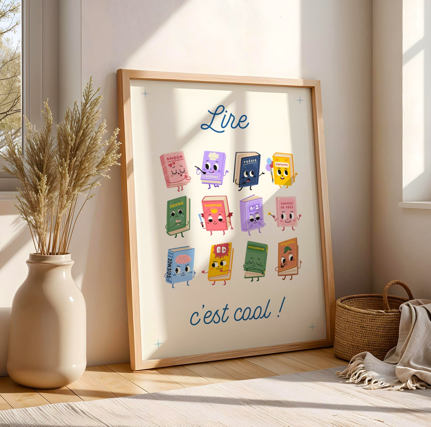 Poster pédagogique lecture enfant avec illustrations colorées de personnages de livres pour coin lecture école