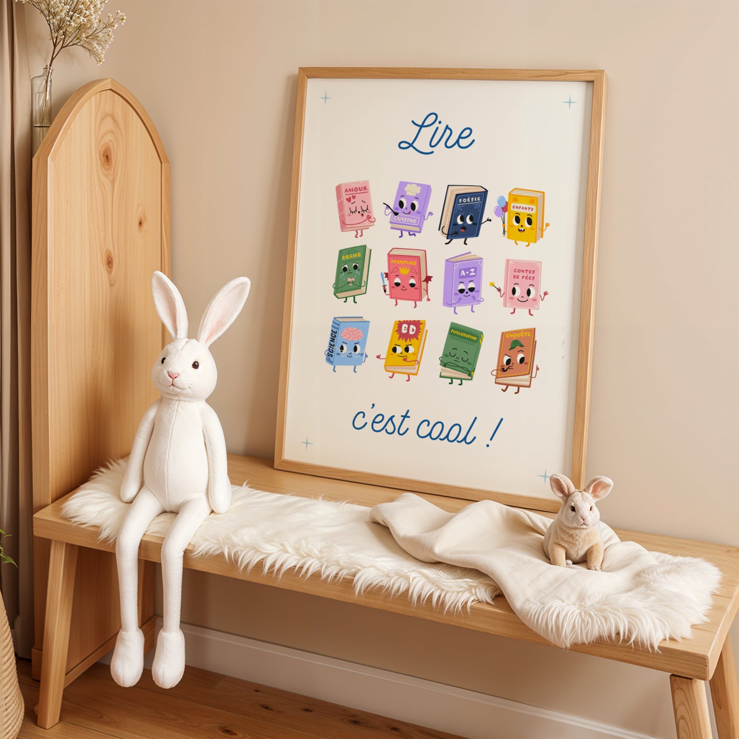 Poster pédagogique lecture enfant avec illustrations colorées de personnages de livres pour coin lecture école