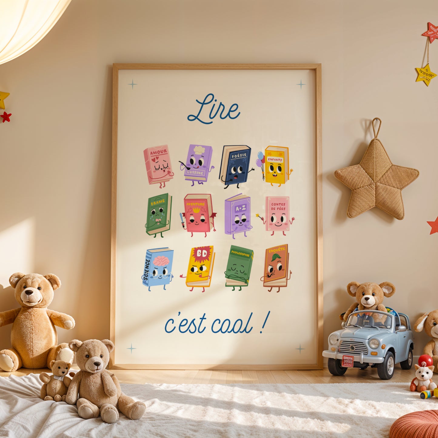 Poster pédagogique lecture enfant avec illustrations colorées de personnages de livres pour coin lecture école