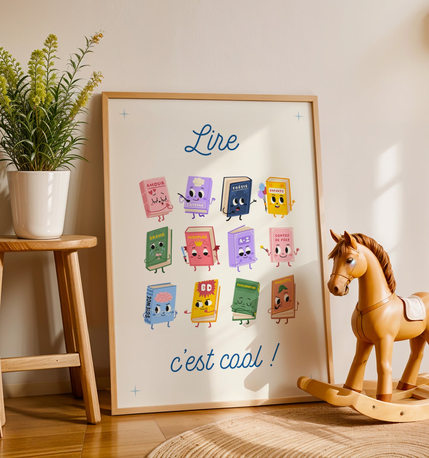 Poster pédagogique lecture enfant avec illustrations colorées de personnages de livres pour coin lecture école