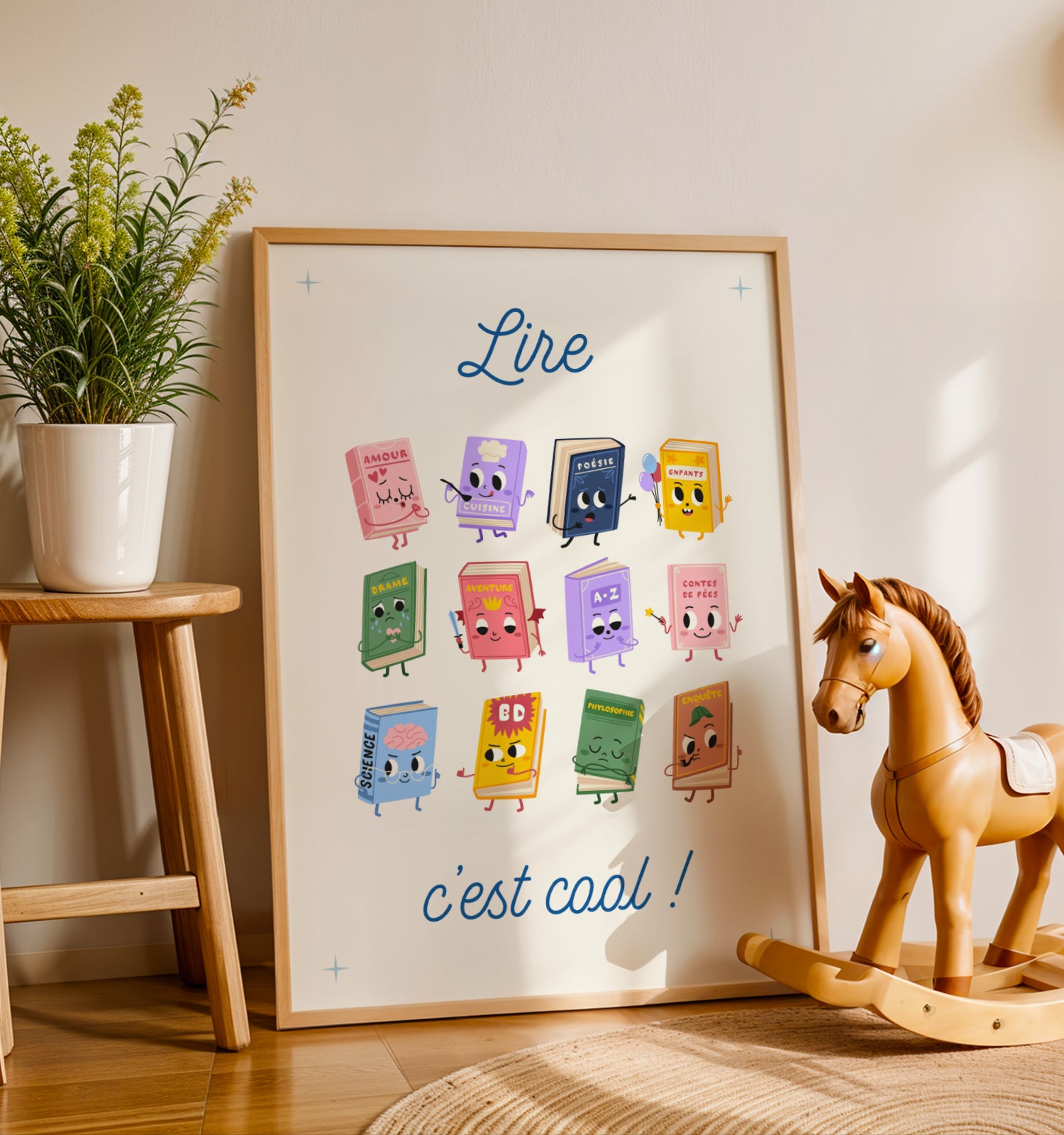 Poster pédagogique lecture enfant avec illustrations colorées de personnages de livres pour coin lecture école