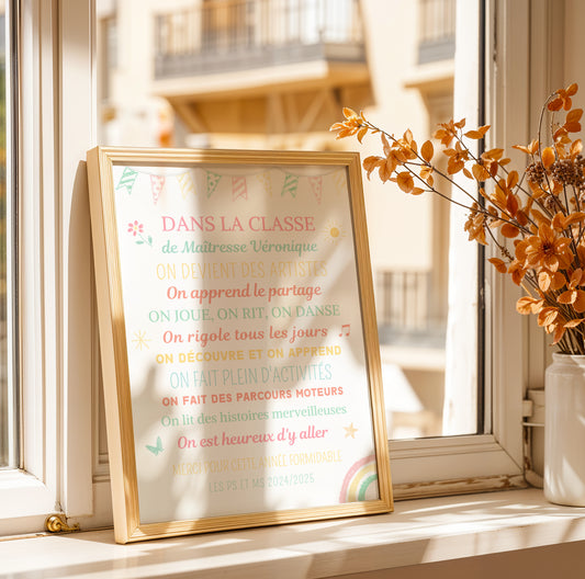 Affiche Activités Classe Maîtresse Personnalisée – Cadeau Fin d'Année Scolaire Original