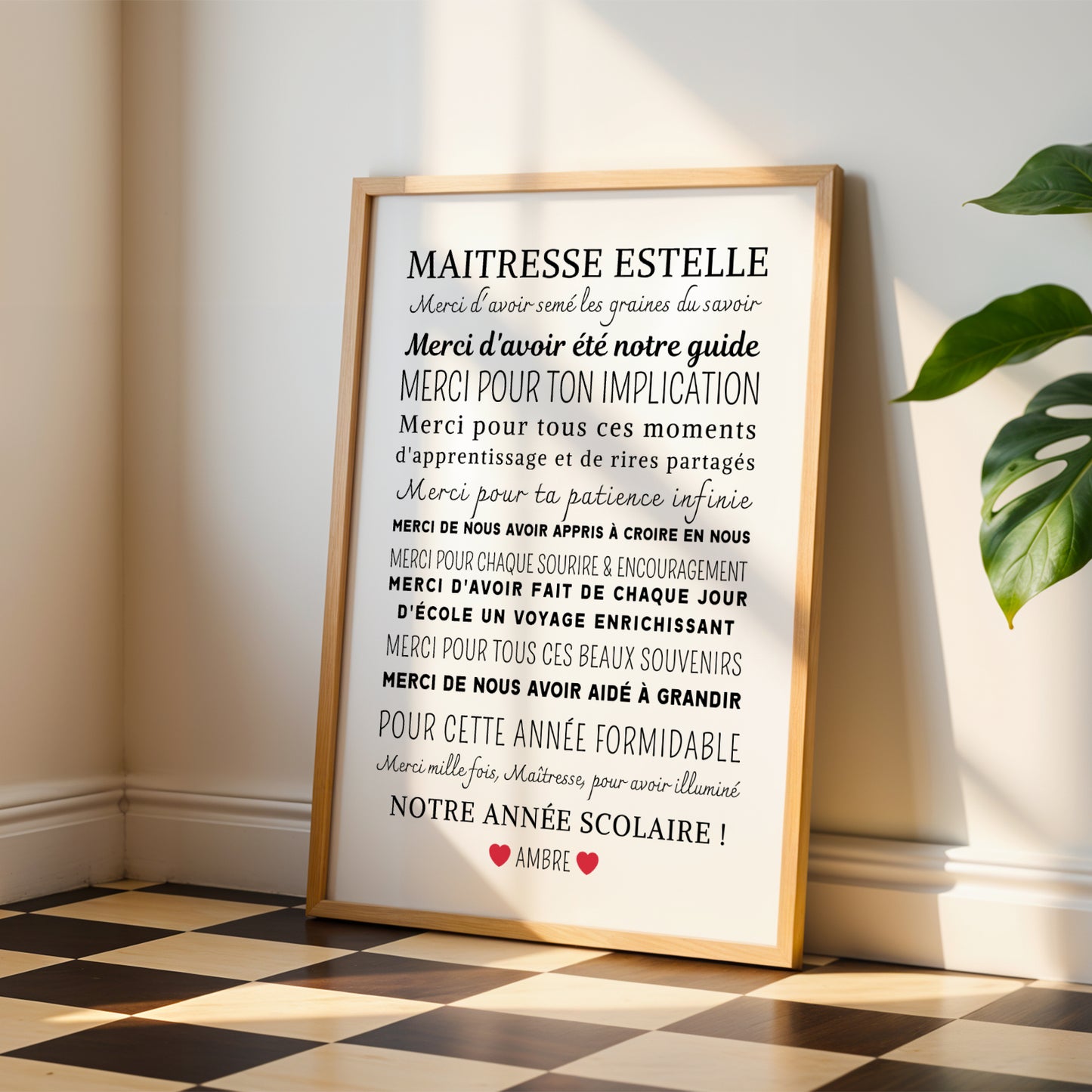 Affiche personnalisée Merci Maîtresse avec prénoms et phrases inspirantes