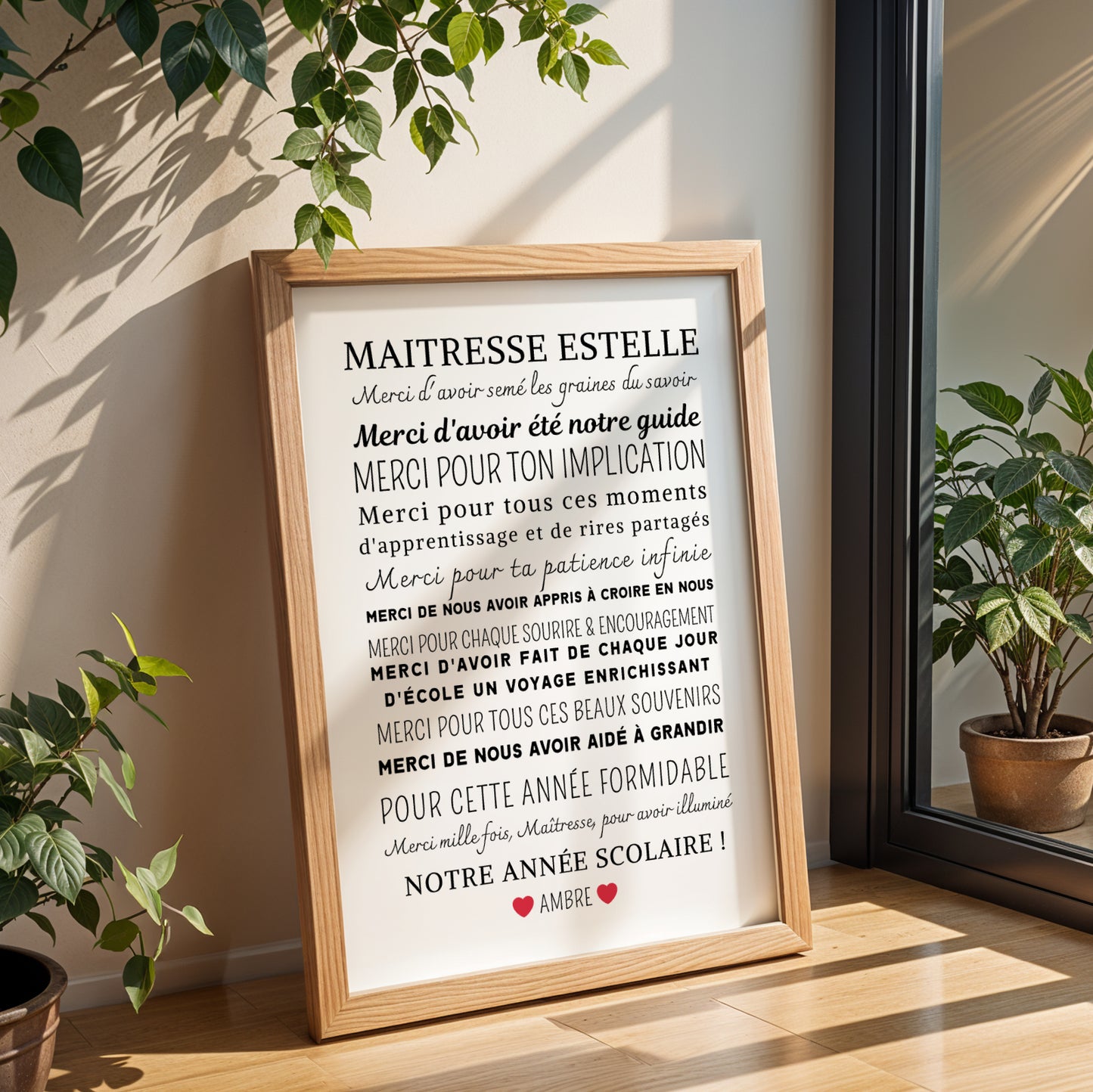 Affiche personnalisée Merci Maîtresse avec prénoms et phrases inspirantes
