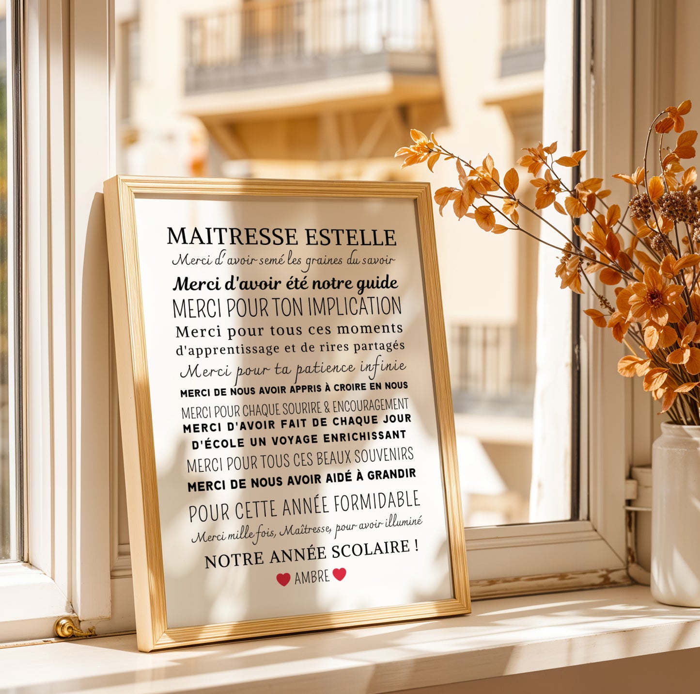 Affiche personnalisée Merci Maîtresse avec prénoms et phrases inspirantes