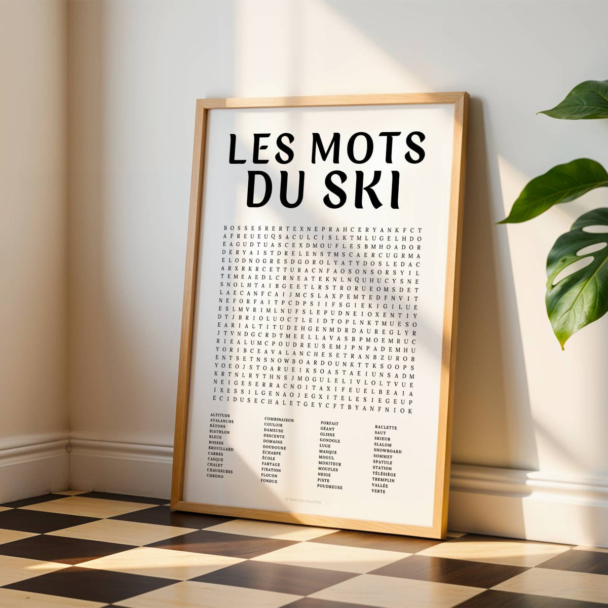 Affiche mots mêlés du ski - poster sport en noir et blanc avec grille de mots à chercher