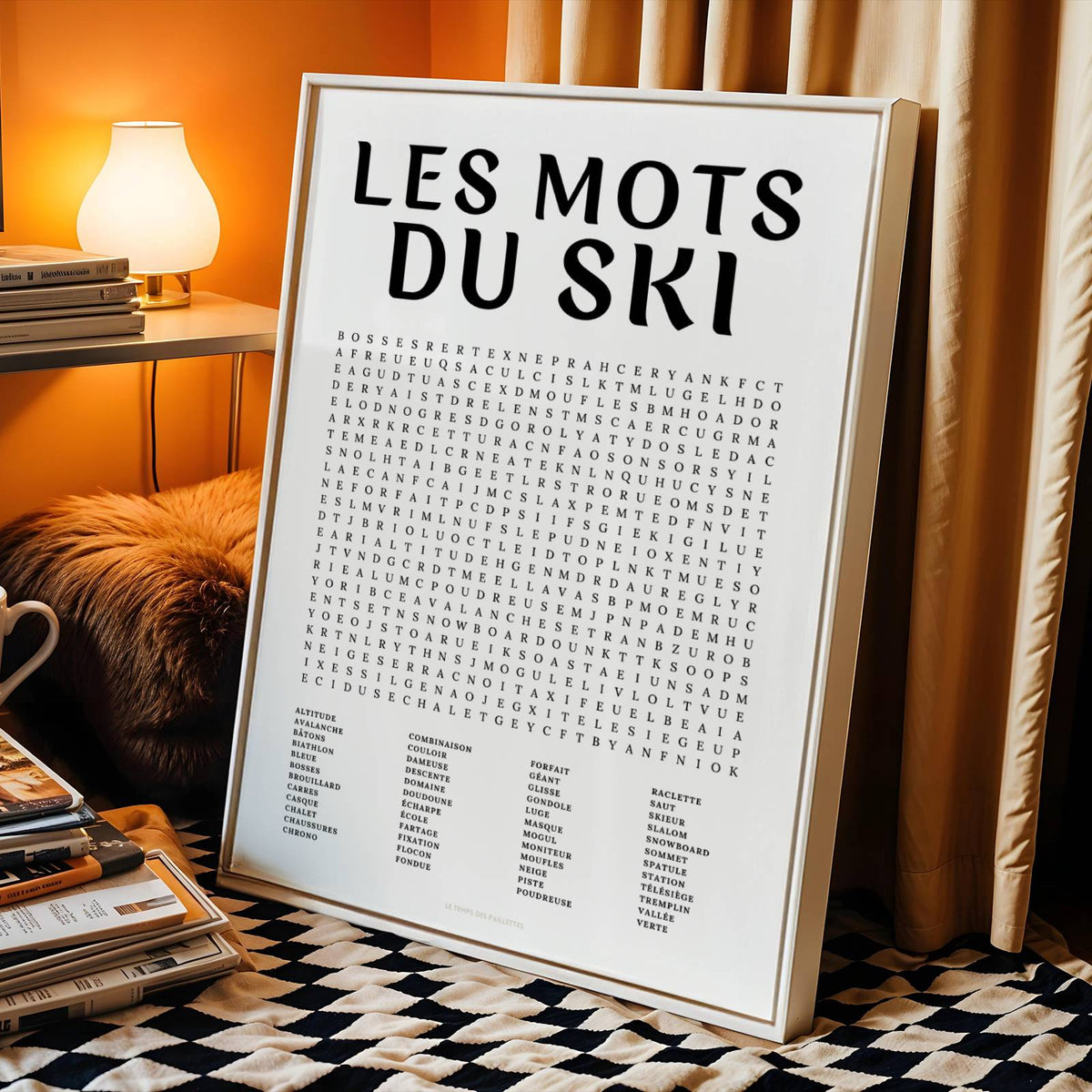 Affiche mots mêlés du ski - poster sport en noir et blanc avec grille de mots à chercher