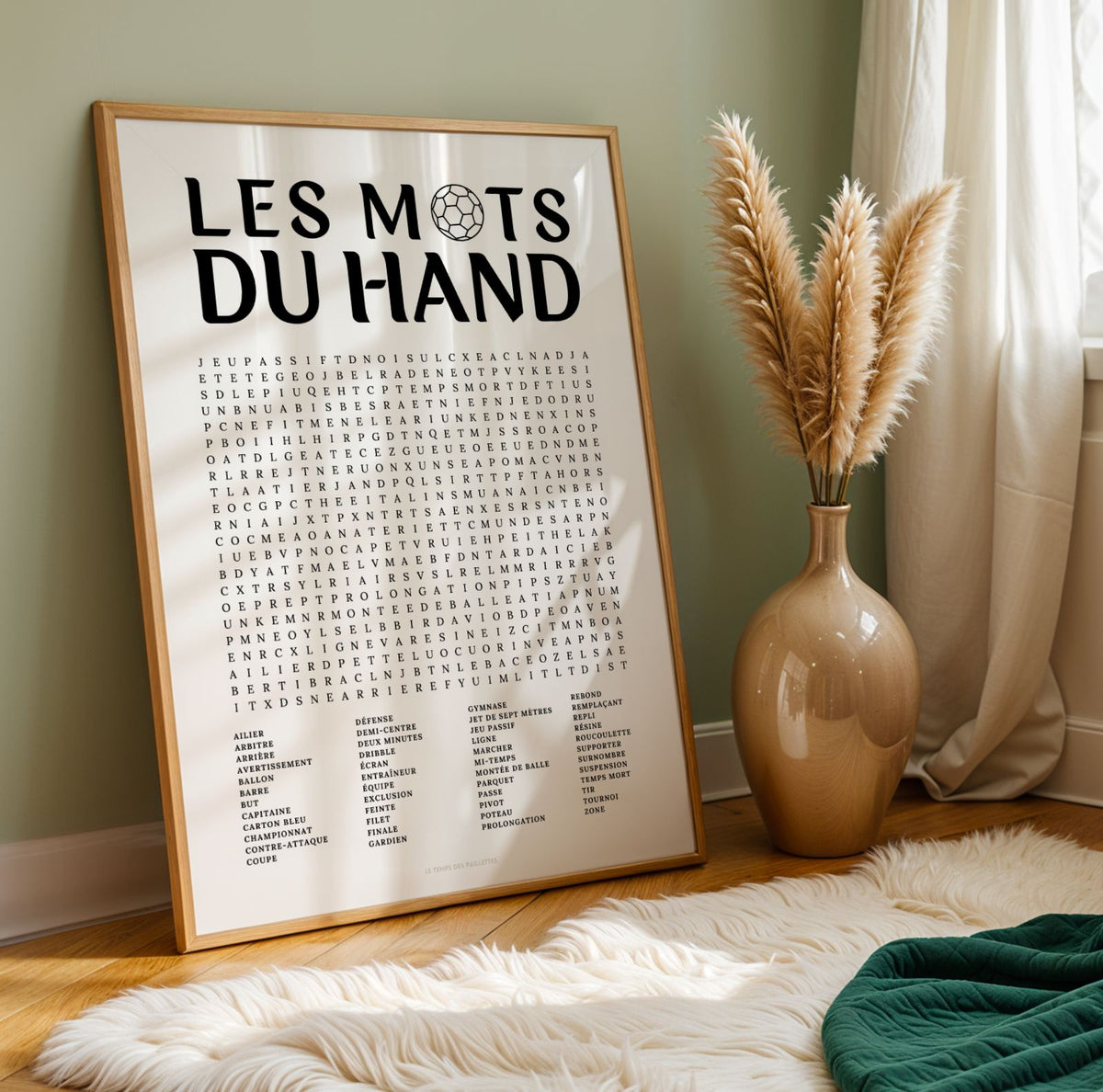 Affiche mots mêlés du handball - poster sport en noir et blanc avec grille de mots à chercher