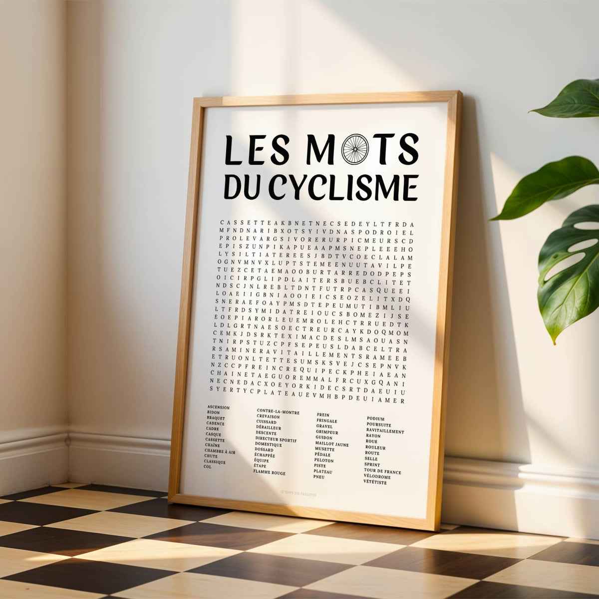 Affiche mots mêlés du cyclisme - poster sport en noir et blanc avec grille de mots à chercher
