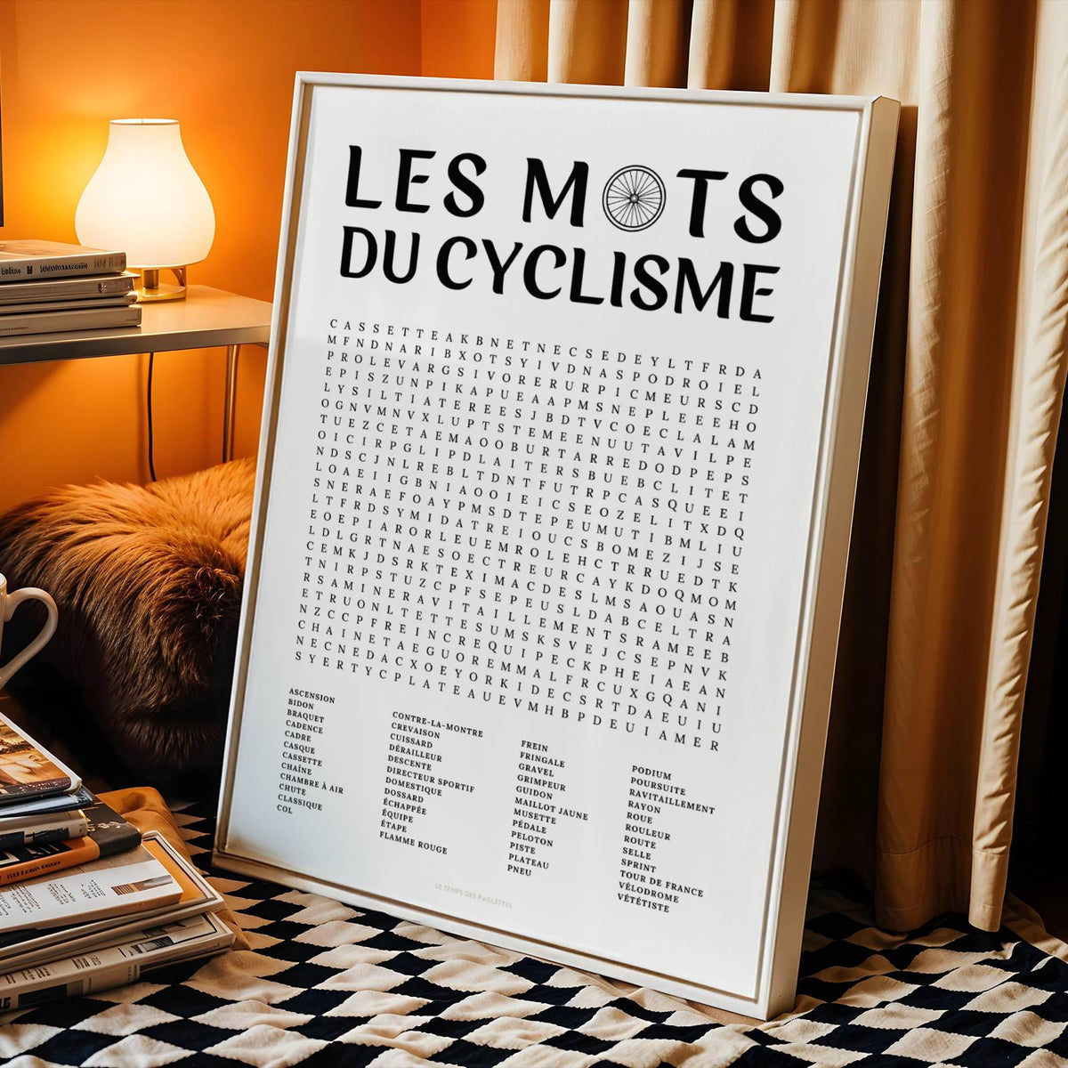 Affiche mots mêlés du cyclisme - poster sport en noir et blanc avec grille de mots à chercher