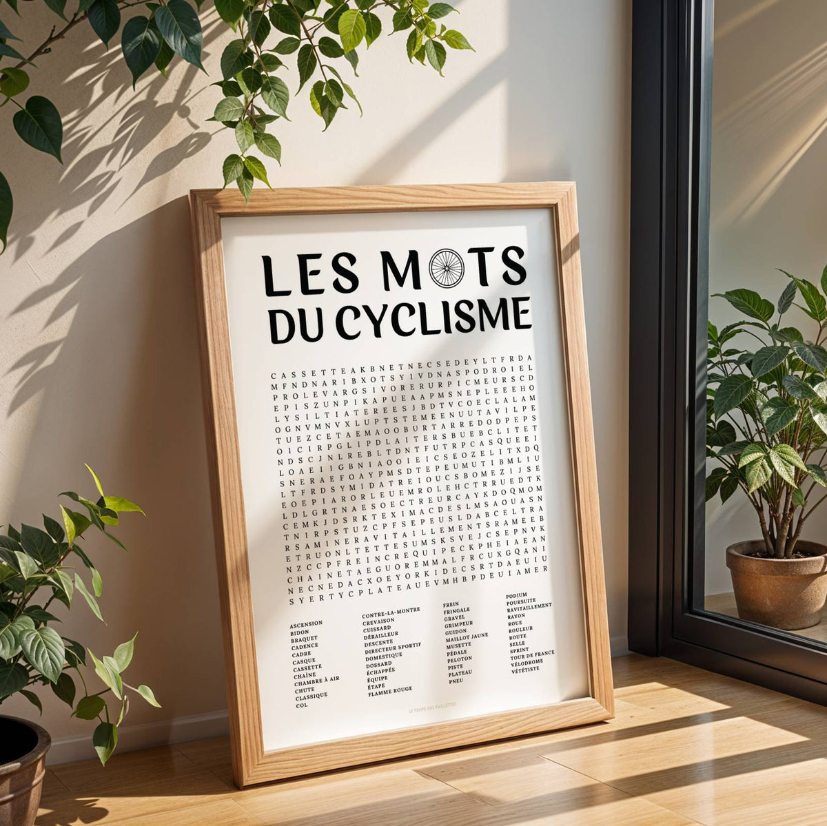 Affiche mots mêlés du cyclisme - poster sport en noir et blanc avec grille de mots à chercher