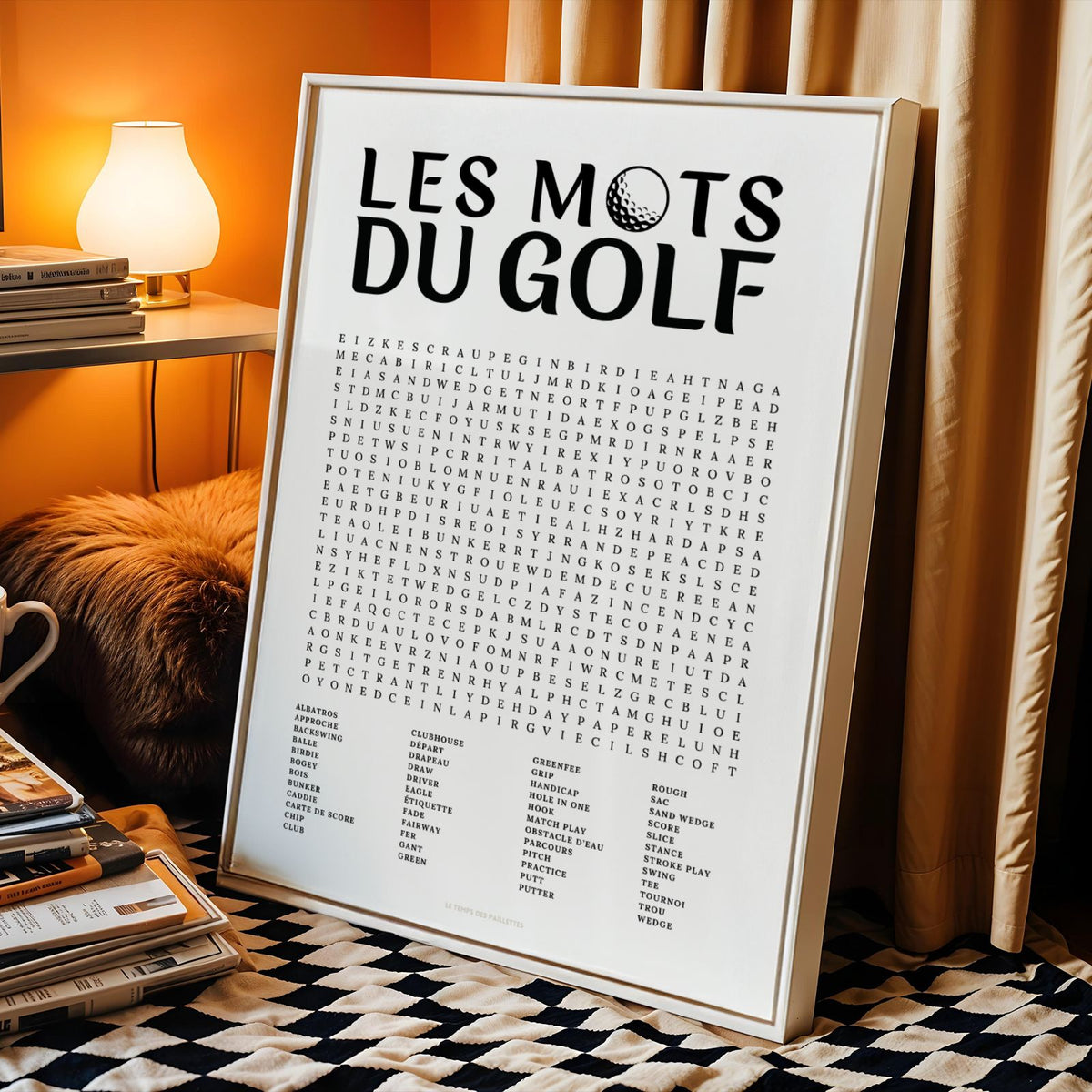 Affiche mots mêlés du golf - poster sport en noir et blanc avec grille de mots à chercher