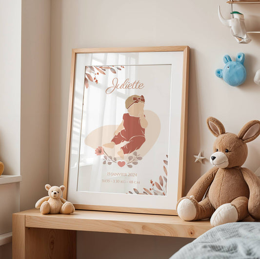 Affiche Naissance Personnalisée Fille – Silhouette Bohème Florale