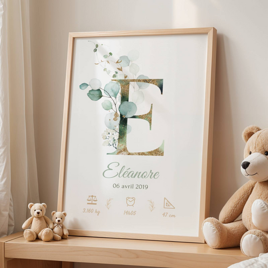 poster naissance bébé initiale eucalyptus personnalisé prénom date poids taille