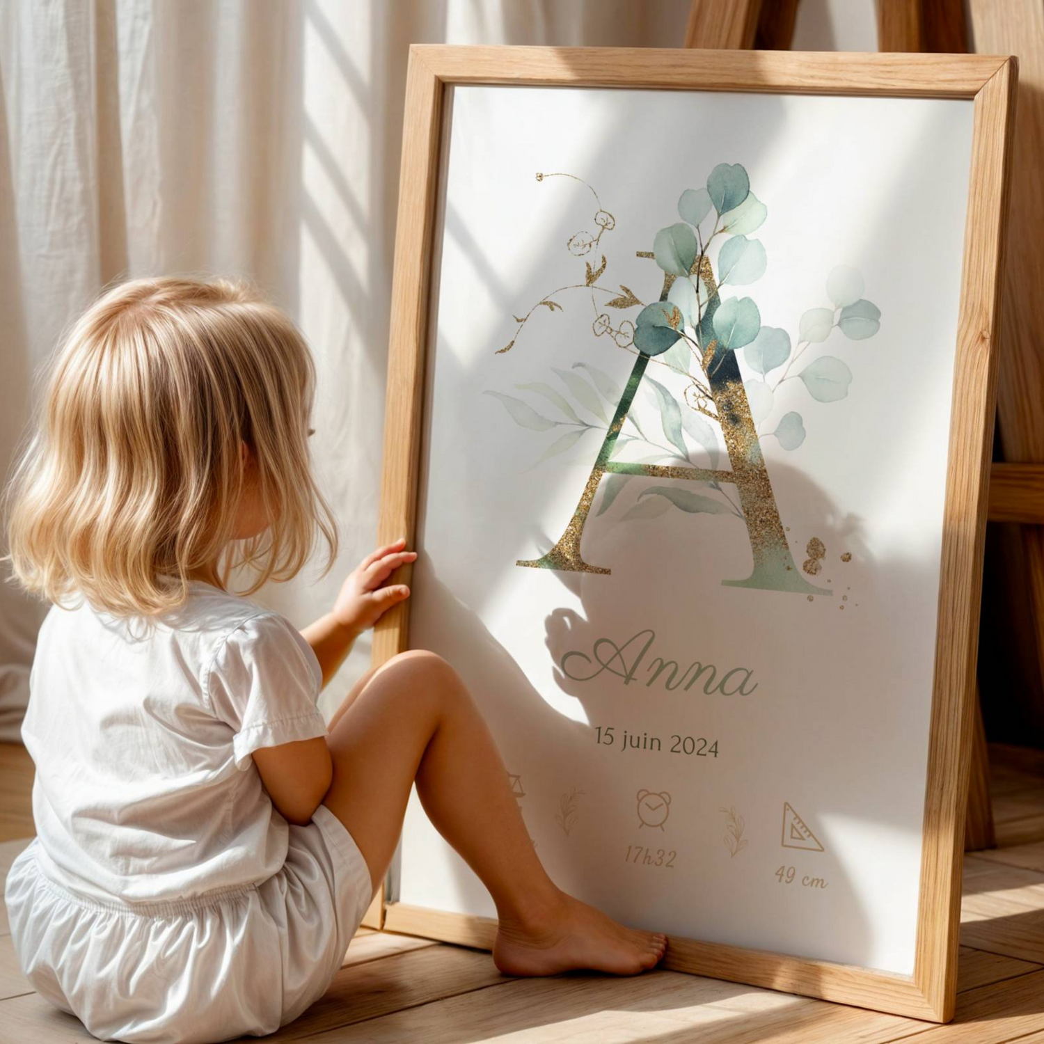 cadeau naissance bohème affiche initiale eucalyptus chambre bébé nature