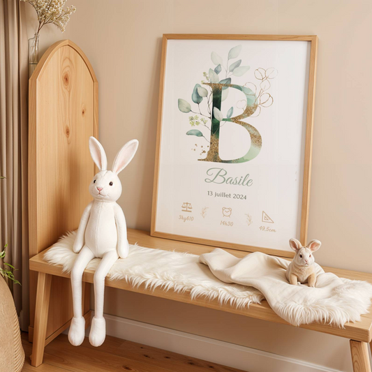 affiche naissance personnalisée initiale eucalyptus décoration chambre bébé nature